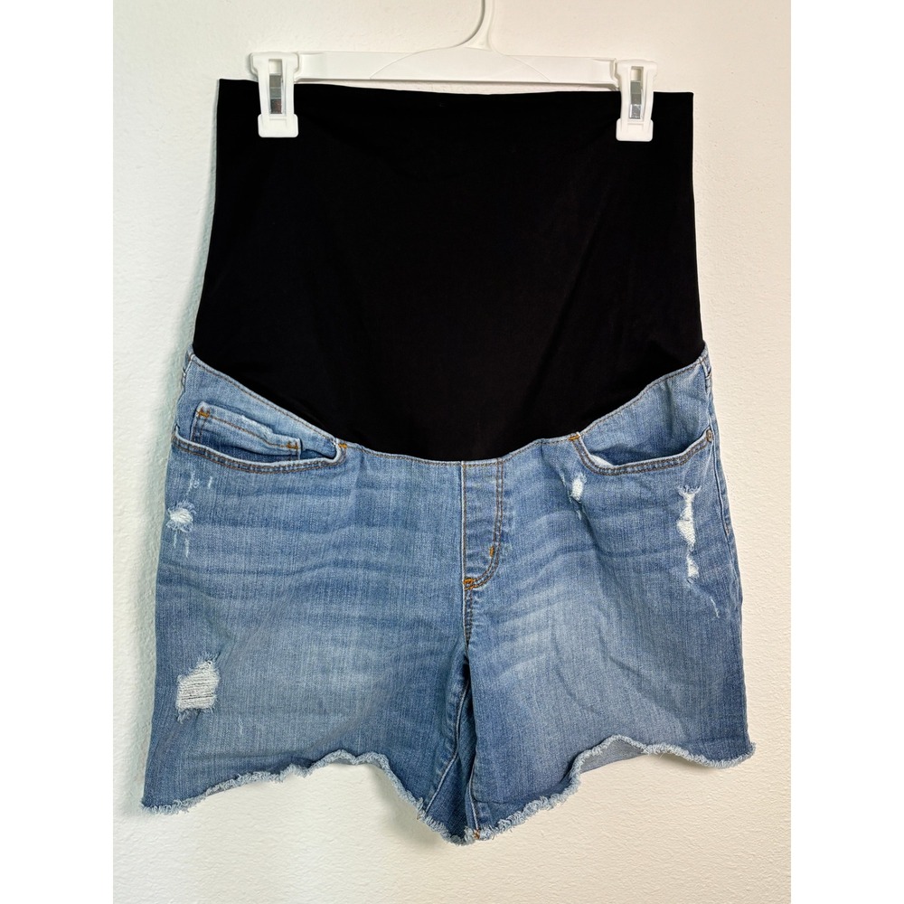 Loft Maternity Denim Shorts Size 12 Distressed Raw Hem Over Belly Band Blue